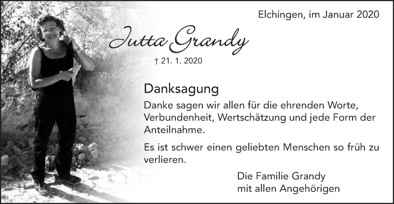  Traueranzeige für Jutta Grandy vom 13.02.2020 aus Schwäbische Post