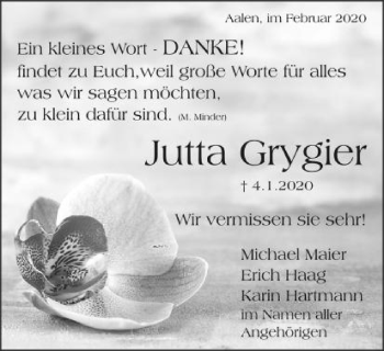 Traueranzeige von Jutta Grygier von Schwäbische Post