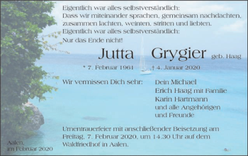 Traueranzeige von Jutta Grygier von Schwäbische Post
