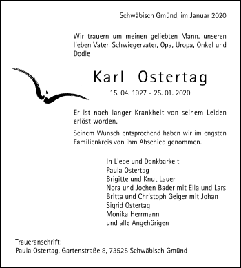 Traueranzeige von Karl Ostertag von Gmünder Tagespost