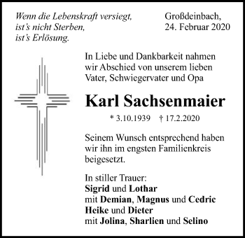 Traueranzeige von Karl Sachsenmaier von Gmünder Tagespost