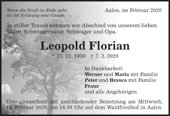 Traueranzeige von Leopold Florian von Schwäbische Post