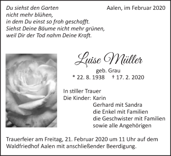 Traueranzeige von Luise Müller von Schwäbische Post