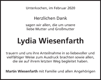 Traueranzeige von Lydia Wiesenfarth von Schwäbische Post
