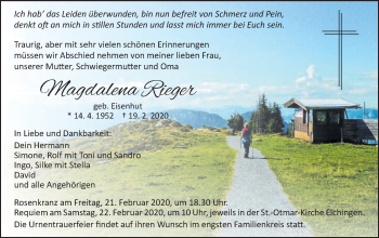 Traueranzeige von Magdalena Rieger von Schwäbische Post