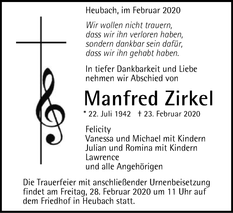  Traueranzeige für Manfred Zirkel vom 26.02.2020 aus Gmünder Tagespost