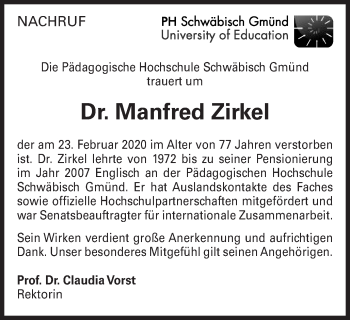 Traueranzeige von Manfred Zirkel von Gmünder Tagespost