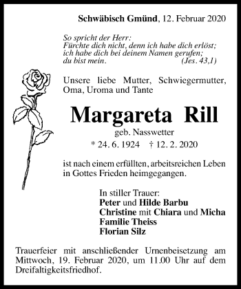 Traueranzeige von Margareta Rill von Gmünder Tagespost