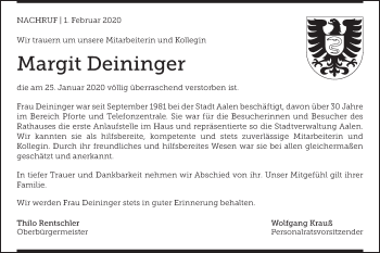 Traueranzeige von Margit Deininger von Schwäbische Post