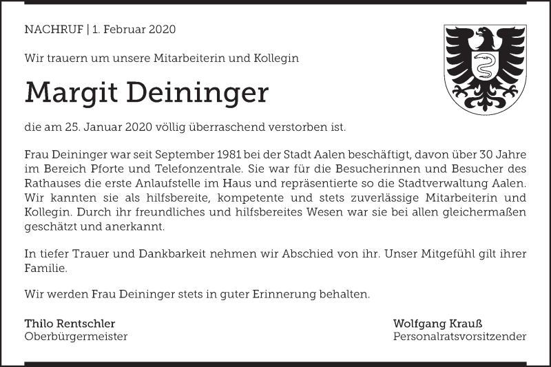  Traueranzeige für Margit Deininger vom 01.02.2020 aus Schwäbische Post