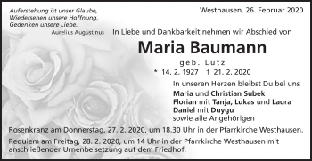 Traueranzeige von Maria Baumann von Schwäbische Post