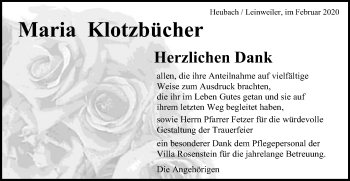 Traueranzeige von Maria Klotzbücher von Gmünder Tagespost