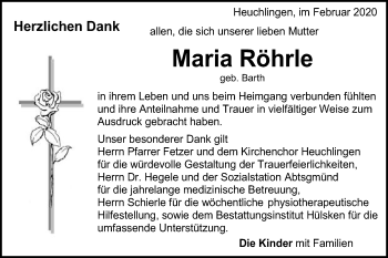 Traueranzeige von Maria Röhrle von Gmünder Tagespost