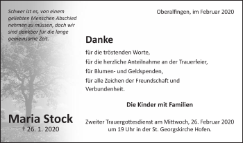 Traueranzeige von Maria Stock von Schwäbische Post