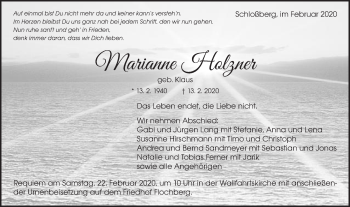 Traueranzeige von Marianne Holzner von Schwäbische Post
