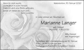 Traueranzeige von Marianne Langer von Gmünder Tagespost