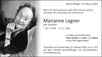 Traueranzeige von Marianne Legner von Schwäbische Post