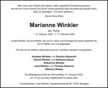 Traueranzeige von Marianne Winkler von Schwäbische Post