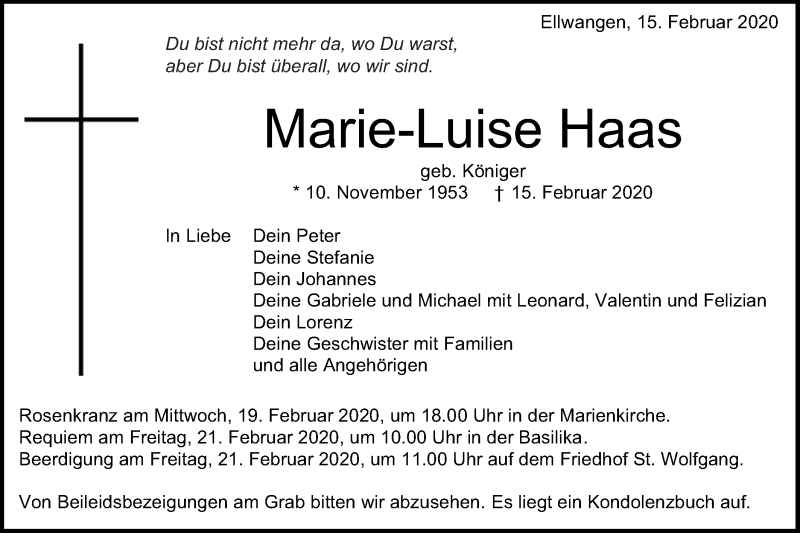  Traueranzeige für Marie-Luise Haas vom 18.02.2020 aus Schwäbische Post