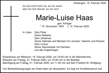 Traueranzeige von Marie-Luise Haas