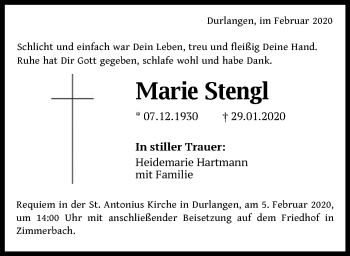 Traueranzeige von Marie Stengl von Gmünder Tagespost