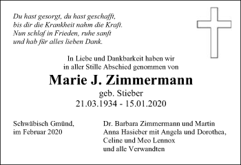 Traueranzeige von Marie J. Zimmermann von Gmünder Tagespost