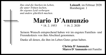 Traueranzeige von Mario D´Annunzio von Gmünder Tagespost