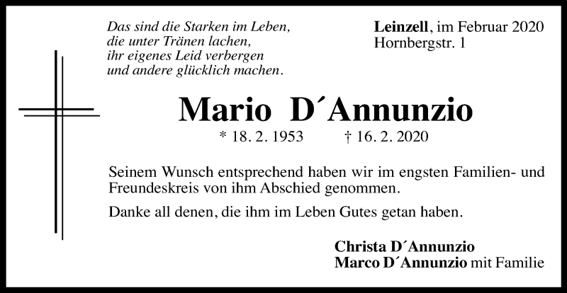  Traueranzeige für Mario D´Annunzio vom 21.02.2020 aus Gmünder Tagespost