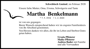 Traueranzeige von Martha Benkelmann von Gmünder Tagespost