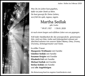 Traueranzeige von Martha Sedlak von Schwäbische Post