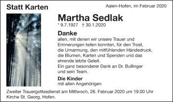Traueranzeige von Martha Sedlak von Schwäbische Post