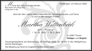 Traueranzeige von Martha Wittenbeck von Schwäbische Post