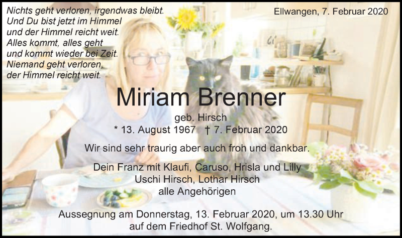  Traueranzeige für Miriam Brenner vom 10.02.2020 aus Schwäbische Post