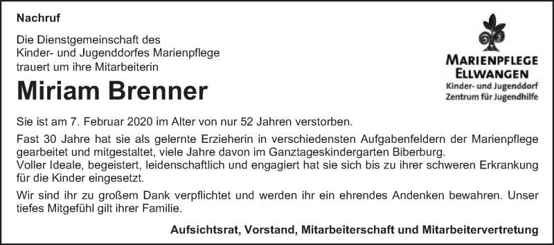  Traueranzeige für Miriam Brenner vom 11.02.2020 aus Schwäbische Post