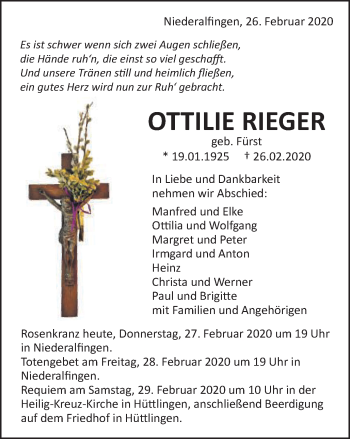 Traueranzeige von Ottilie Rieger von Schwäbische Post