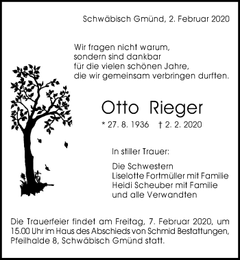 Traueranzeige von Otto Rieger von Gmünder Tagespost