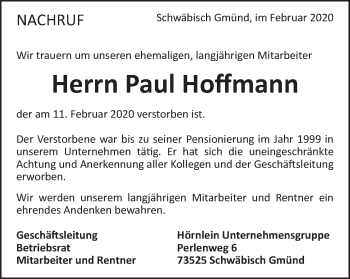Traueranzeige von Paul Hoffmann von Gmünder Tagespost