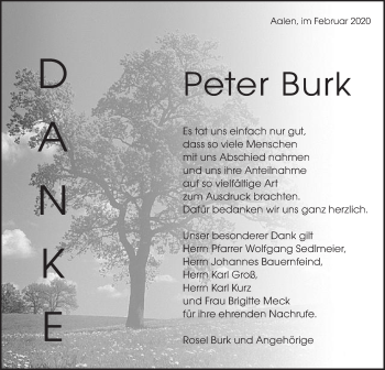 Traueranzeige von Peter Burk von Schwäbische Post