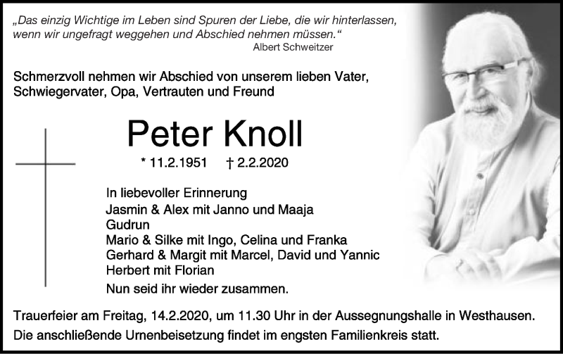  Traueranzeige für Peter Knoll vom 08.02.2020 aus Schwäbische Post