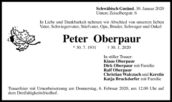 Traueranzeige von Peter Oberpaur von Gmünder Tagespost
