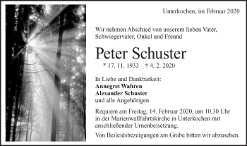 Traueranzeige von Peter Schuster von Schwäbische Post