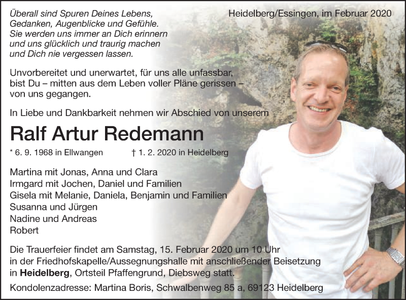  Traueranzeige für Ralf Artur Redemann vom 06.02.2020 aus Schwäbische Post