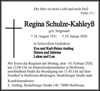 Traueranzeige von Regina Schulze-Kahleyß von Gmünder Tagespost