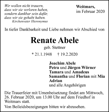 Traueranzeige von Renate Abele von Gmünder Tagespost