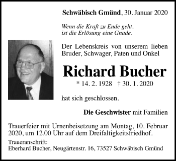 Traueranzeige von Richard Bucher von Gmünder Tagespost