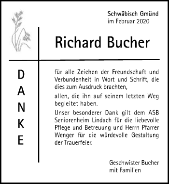 Traueranzeige von Richard Bucher von Gmünder Tagespost