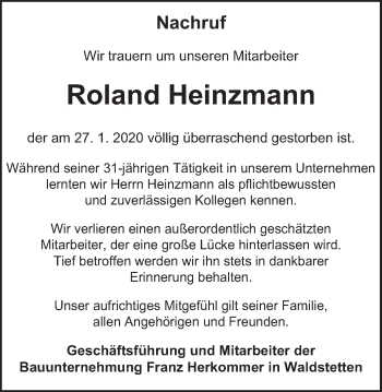 Traueranzeige von Roland Heinzmann von Gmünder Tagespost