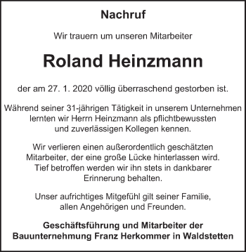 Traueranzeige von Roland Heinzmann