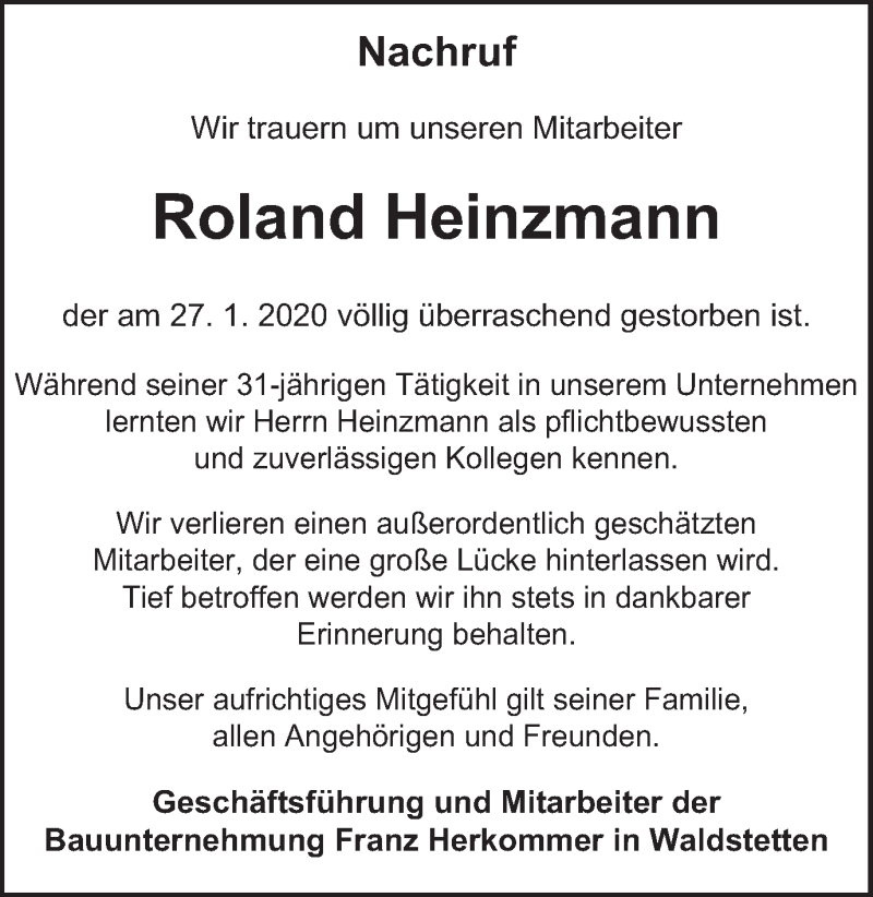  Traueranzeige für Roland Heinzmann vom 04.02.2020 aus Gmünder Tagespost