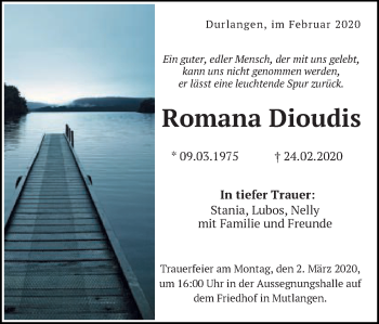 Traueranzeige von Romana Dioudis von Gmünder Tagespost